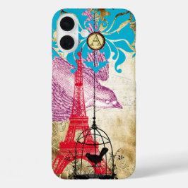 Funda iPhone 16 Plus Monograma Vintage Bird Effiel Tower Damask iPhone