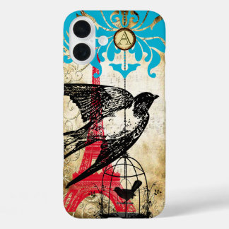 Funda iPhone 16 Plus Monograma Vintage Bird Eiffiel Tower Steampunk