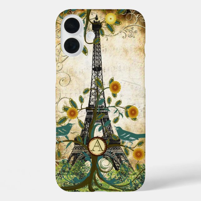 Funda iPhone 16 Plus Monograma Vintage Bird Torre Eiffel (Reverso )