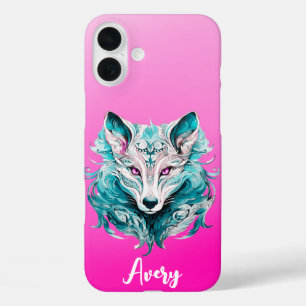 Funda iPhone 16 Plus Mystical Wolf Elegante Turquesa y Lobo Rosa