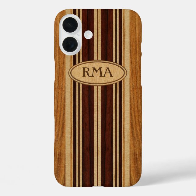 Funda iPhone 16 Plus Nalu Lua Faux Koa Wood Monogram Surfboard (Reverso )