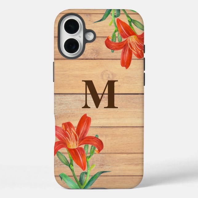 Funda iPhone 16 Plus Naranja de acuarela rústica Lily arte botánico (Reverso )