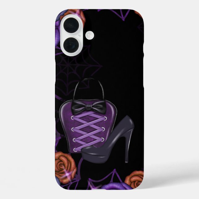 Funda iPhone 16 Plus Naranja NEGRO PURPLE HALLOWEEN PURSE & HEELS (Reverso )