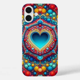 FUNDA iPhone 16 PLUS NARANJA ROJO AZUL CORAZÓN PSICODELICO AMARILLO