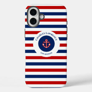 Funda iPhone 16 Plus Nautical Marine Navy Blue Red White Stripes