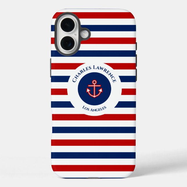 Funda iPhone 16 Plus Nautical Marine Navy Blue Red White Stripes (Reverso )