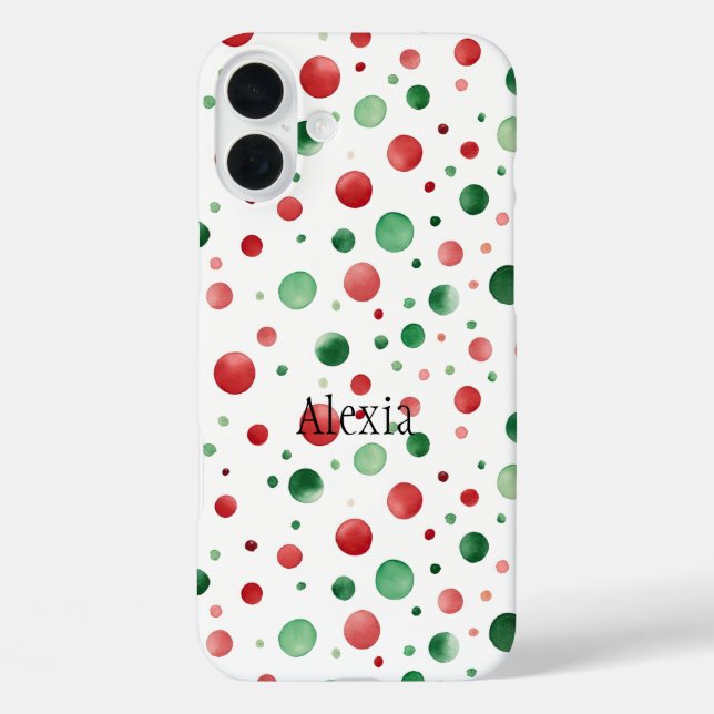 Funda iPhone 16 Plus Navidad de puntos rojos blancos y verdes (Reverso )