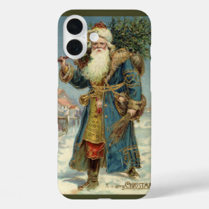 Funda iPhone 16 Plus Navidad vintage, Santa Claus victoriano con árbol