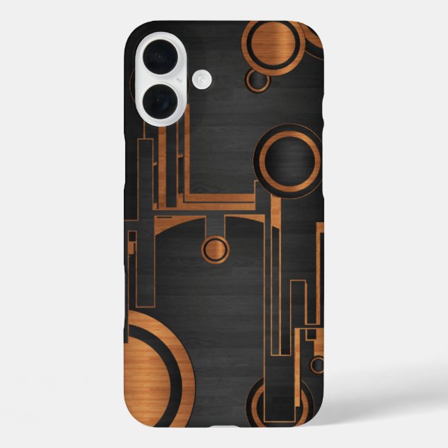 Funda iPhone 16 Plus negro metalizado con círculos de madera (Reverso )