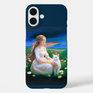 Funda iPhone 16 Plus Niña con un gato en una pradera al crepúsculo