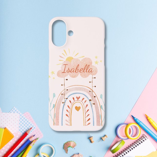 Funda iPhone 16 Plus Niños Arcoíris Monogramados con Acuarela Lindos (close up)