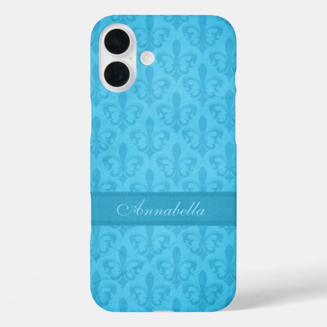 Funda iPhone 16 Plus Nombrado Fleur de Lis damask blue (Reverso )