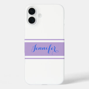 Funda iPhone 16 Plus Nombre de guión grande azul, rayas de lavanda sobr