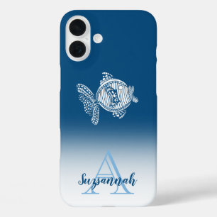 Funda iPhone 16 Plus Nombre de monograma Azul Ombre Contorno de pez bla