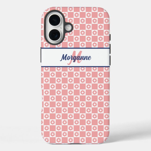 Funda iPhone 16 Plus Nombre de monograma personalizado Flores rosas Rub (Reverso )