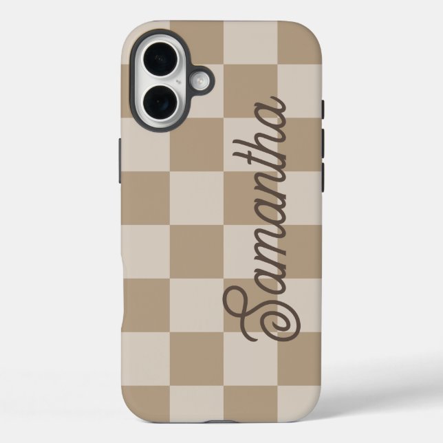 Funda iPhone 16 Plus Nombre del guión de los cheques pekineses de Taupe (Reverso )