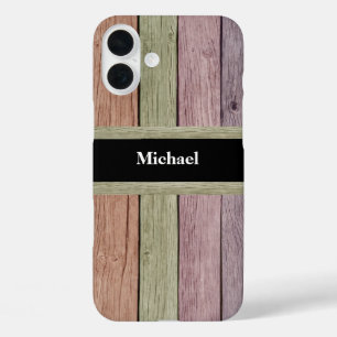 Funda iPhone 16 Plus Nombre personalizable con textura de madera rústic