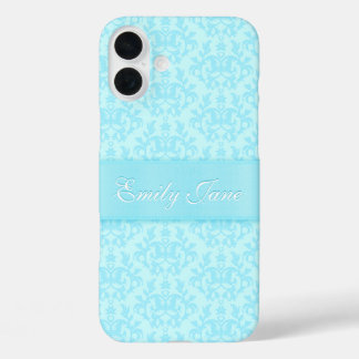 Funda iPhone 16 Plus Nombre personalizado azul de Damask