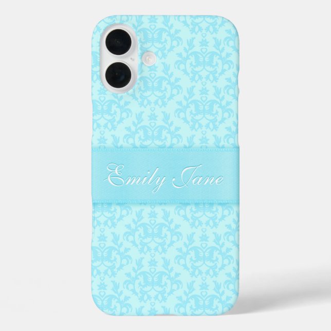 Funda iPhone 16 Plus Nombre personalizado azul de Damask (Reverso )