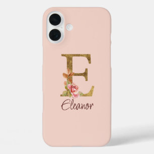 Funda iPhone 16 Plus Nombre personalizado Carta E Hoja de Oro Rosas Ros