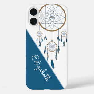 Funda iPhone 16 Plus Nombre personalizado de Boho Patrones blancos azul