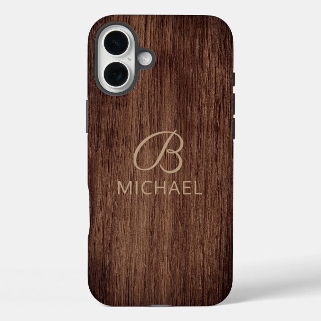 Funda iPhone 16 Plus Nombre personalizado de la madera de grano de mono (Reverso )