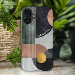 Funda iPhone 16 Plus Nombre personalizado de mármol geométrico abstract<br><div class="desc">Modern Resumen Los Fundas iPhone 16 Plus de Marble Geométrico y Nombre Personalizado para iPhone 16 tienen formas geométricas de color oro negro, rosa y oro sobre un fondo de mármol gris con rayas y tu nombre personalizado en escritura blanca moderna. Personalice editando el texto en el cuadro de texto...</div>