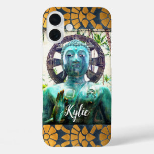 Funda iPhone 16 Plus Nombre personalizado de mosaico azul de oro azul d