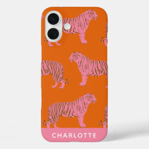 Funda iPhone 16 Plus Nombre personalizado del patrón de tigre Naranja r
