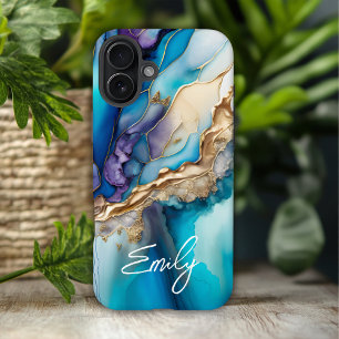 Funda iPhone 16 Plus Nombre Personalizado Elegante Mármol Azul Dorado M