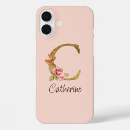 Funda iPhone 16 Plus Nombre personalizado lámina dorada rosas rosadas l