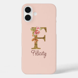 Funda iPhone 16 Plus Nombre personalizado letra F hoja de oro rosas ros