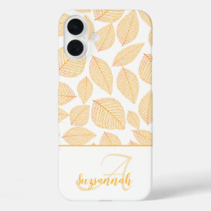 Funda iPhone 16 Plus Nombre personalizado Monograma Hojas de esqueleto
