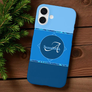 Funda iPhone 16 Plus Nombre personalizado Monograma tres bandas de tono