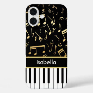 Funda iPhone 16 Plus Notas musicales y claves de piano negro y oro