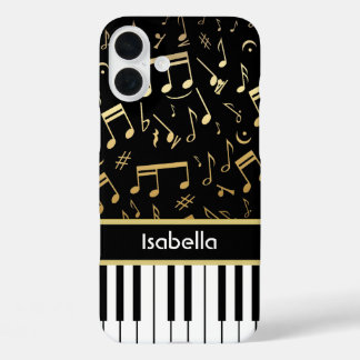 Funda iPhone 16 Plus Notas musicales y claves de piano negro y oro