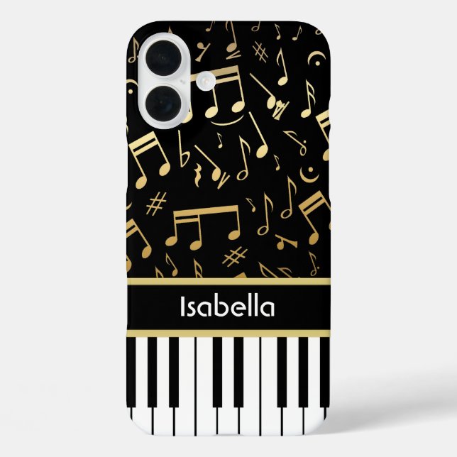 Funda iPhone 16 Plus Notas musicales y claves de piano negro y oro (Reverso )