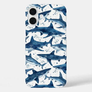 Funda iPhone 16 Plus Océano de tiburón de color azul monocromo