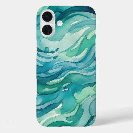 Funda iPhone 16 Plus Olas de océano acuarela azul verdoso