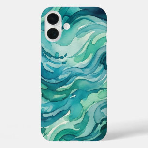 Funda iPhone 16 Plus Olas de océano acuarela azul verdoso