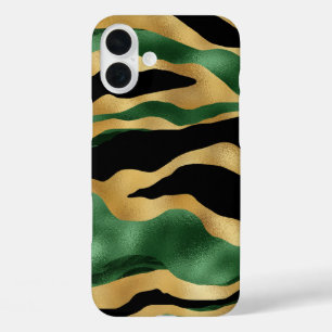 Funda iPhone 16 Plus Olas de Purpurina negro de oro verde