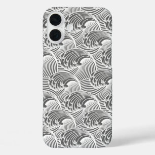 Funda iPhone 16 Plus Ondas japonesas vintage, gris/gris y blanco