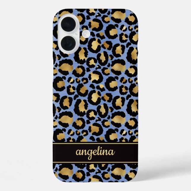 Funda iPhone 16 Plus Oro Laminado Sobre Estampado De Leopardo Azul Mono (Reverso )