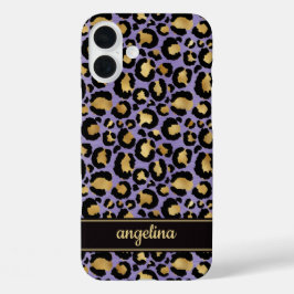 Funda iPhone 16 Plus Oro Laminado Sobre Estampado De Leopardo Morado Mo