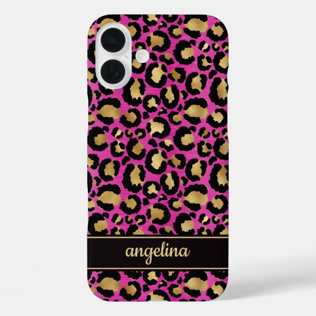 Funda iPhone 16 Plus Oro Laminado Sobre Estampado De Leopardo Rosa Cali (Reverso )