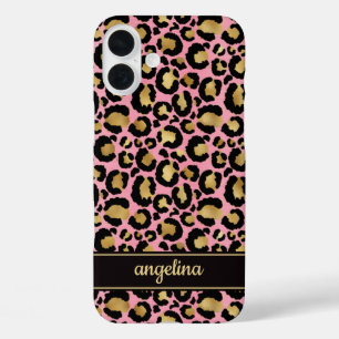 Funda iPhone 16 Plus Oro Laminado Sobre Estampado De Leopardo Rosa Mono