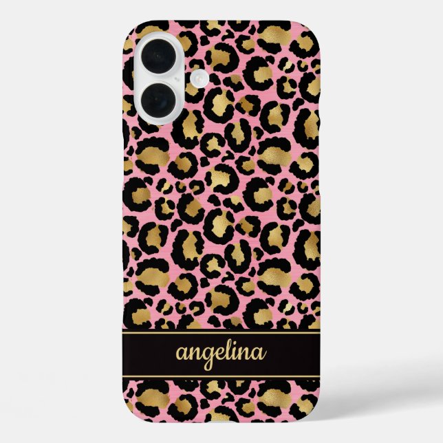 Funda iPhone 16 Plus Oro Laminado Sobre Estampado De Leopardo Rosa Mono (Reverso )