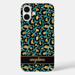 Funda iPhone 16 Plus Oro Laminado Sobre Monograma Impreso De Leopardo E