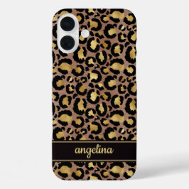 Funda iPhone 16 Plus Oro Laminado Sobre Monograma Impreso De Leopardo M