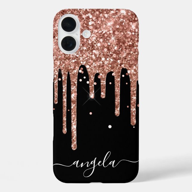 Funda iPhone 16 Plus Oro Rosa Brillo Gotea Firma Negra Glam (Reverso )